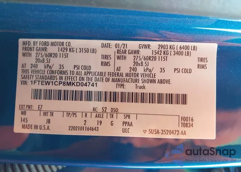 2021 Ford F-150 Xl z USA, uszkodzony, nr VIN 1FTEW1CP8MKD04741